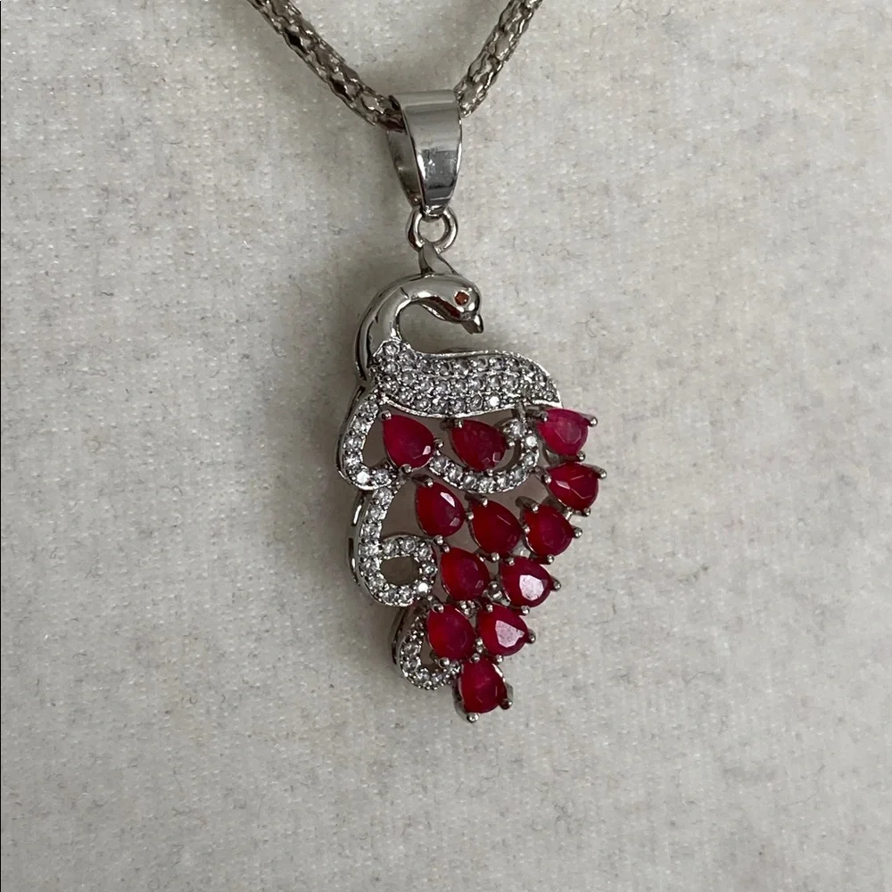 Beautiful Ruby Peacock Diamond Accents Pendant Necklace Stunning Glamour